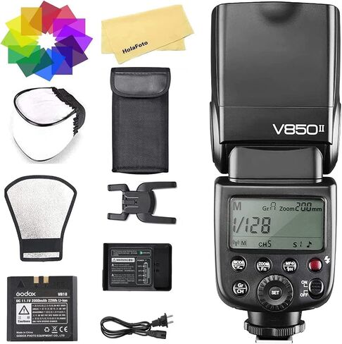 فلاش كاميرا Godox V850II لكاميرا Canon Sony Nikon Pentax Fuji Olympus Panasonic، 650 ومضة كاملة الطاقة، بطارية ليثيوم أيون 11.1 فولت/2000 مللي أمبير في الساعة، وقت إعادة التدوير 1.5 ثانية + 12 مرشح لون + صندوق ناعم + موزع + عاكس للضوء in Saudi Arabia