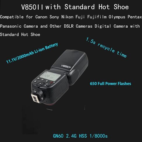 فلاش كاميرا Godox V850II لكاميرا Canon Sony Nikon Pentax Fuji Olympus Panasonic، 650 ومضة كاملة الطاقة، بطارية ليثيوم أيون 11.1 فولت/2000 مللي أمبير في الساعة، وقت إعادة التدوير 1.5 ثانية + 12 مرشح لون + صندوق ناعم + موزع + عاكس للضوء in Saudi Arabia