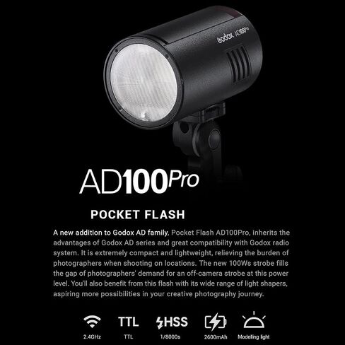 Godox AD100 Pro AD100Pro Godox Flash for Canon Sony Nikon Fujifilm Fuji Olympus Pentax Camera,100Ws 2.4G TTL HSS 1/8000s,7.2V/2600mAh Li-ion Battery,360 Full Power Flashes,0.01-1.5s Recycle Time in Saudi Arabia