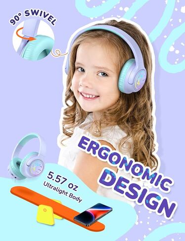 iClever BTH18 Kids Bluetooth Headphones LED Lights for Toddler Boys Girls | SafeSound Tech, 43H Playtime Stereo Sound, USB C Charging AUX Cable, Over Ear Kids Headphones Wireless for iPad/Tablet/Travel in Kuwait