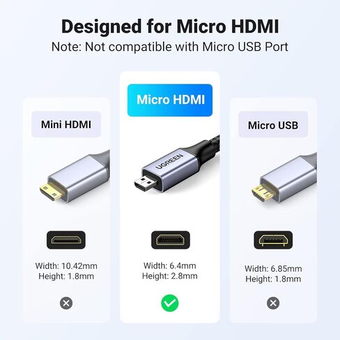 كابل UGREEN 8K Micro HDMI إلى HDMI بطول 3.3أقدام، 2.1 هيكل من الألومنيوم مضفر بسرعة 48 جيجابت في الثانية فائقة السرعة 8K@60 هرتز، 4K@120 هرتز يدعم HDR eARC Dolby متوافق مع GoPro Raspberry Pi 4 Sony Camera Nikon in Kuwait