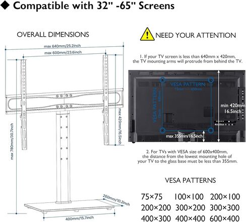 BONTEC Universal TV Stand Base, Table Top TV Stand for 32-65 inch LCD LED OLED TVs, 6 Levels Height Adjustable TV Mount Stand, Tempered Glass Base Holds up to 99lbs, Max.VESA 600x400mm in Kuwait