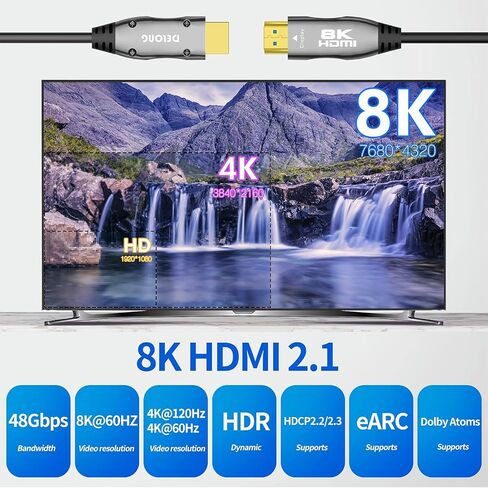 DELONG 8K Fiber HDMI Cable 50ft, HDMI 2.1 Fiber Optic Cable Support 8K@60Hz, 4K@120Hz, 48Gbps, eARC Compatible with PS5, Xbox,RTX 3080 3090, Roku,8K TV in Kuwait