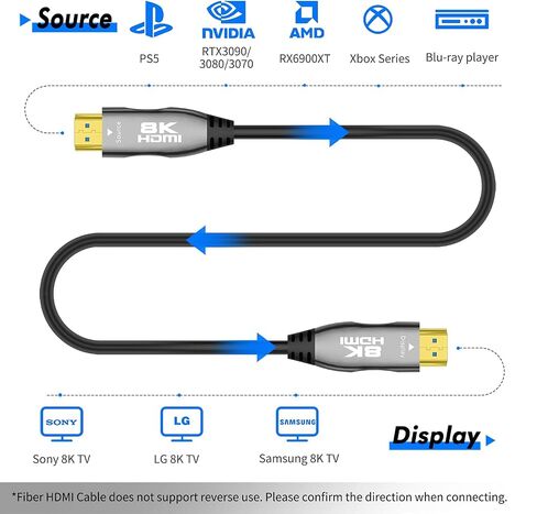 DELONG 8K Fiber HDMI Cable 50ft, HDMI 2.1 Fiber Optic Cable Support 8K@60Hz, 4K@120Hz, 48Gbps, eARC Compatible with PS5, Xbox,RTX 3080 3090, Roku,8K TV in Kuwait