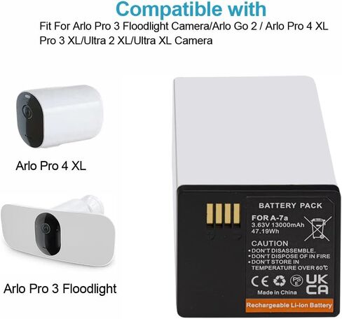 GELINTO 2 حزمة بطارية ممتدة XL قابلة لإعادة الشحن ومحطة شاحن بطارية مزدوجة تناسب كاميرا Arlo Pro 3 XL/Arlo Go 2 / Arlo Pro 4 XL/Pro 3 XL/Ultra 2 XL/Ultra XL [3.63V/47.19Wh/13000mAh] in Kuwait