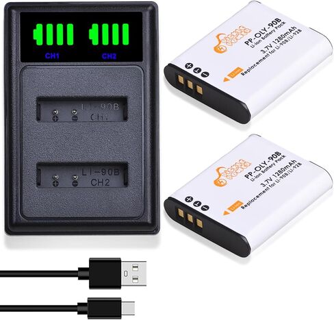 Pickle Power 2 حزمة بطارية LI-92B LI-90B وشاحن مزدوج LED متوافق مع Olympus Tough TG-5 TG-6 TG-4 TG-3 TG-2 TG-1 TG-Tracker SH-50 iHS SH-60 XZ-2 iHS SH-1 SH-2 SP-100 (ليس لـ SP-700) in Kuwait