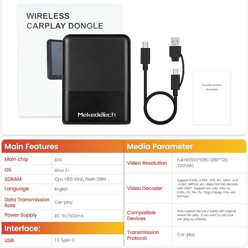 محول MekedeTech اللاسلكي CarPlay لهاتف iPhone، 2023 ترقية التوصيل والتشغيل دونجل يحول CarPlay السلكي من المصنع إلى لاسلكي، اتصال سريع وسهل الإعداد للعمل مع السيارات من 2015 in Kuwait