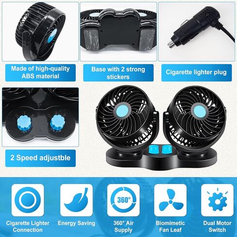 zmoso 12V Car Fans, Cooling Air Fan Powerful Dashboard Electric Car Fan with 360 Degree Adjustable Dual Head That Plugs into Cigarette Lighter Low Noise Automobile Vehicle Fan for Sedan SUV RV Boat in Kuwait
