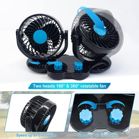 zmoso 12V Car Fans, Cooling Air Fan Powerful Dashboard Electric Car Fan with 360 Degree Adjustable Dual Head That Plugs into Cigarette Lighter Low Noise Automobile Vehicle Fan for Sedan SUV RV Boat in Kuwait