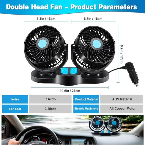zmoso 12V Car Fans, Cooling Air Fan Powerful Dashboard Electric Car Fan with 360 Degree Adjustable Dual Head That Plugs into Cigarette Lighter Low Noise Automobile Vehicle Fan for Sedan SUV RV Boat in Kuwait