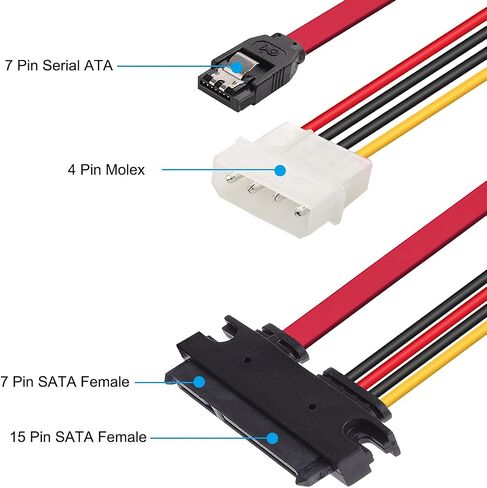 DKARDU 2 Pack SATA 22 Pin Serial ATA Data and Power Combo Cable، 4 Pin IDE LP4 كابل الطاقة + 22 Pin SATA إلى 7Pin Serial ATA Cable لمحرك الأقراص الصلبة SDD HDD 30 سم 12 بوصة in Saudi Arabia