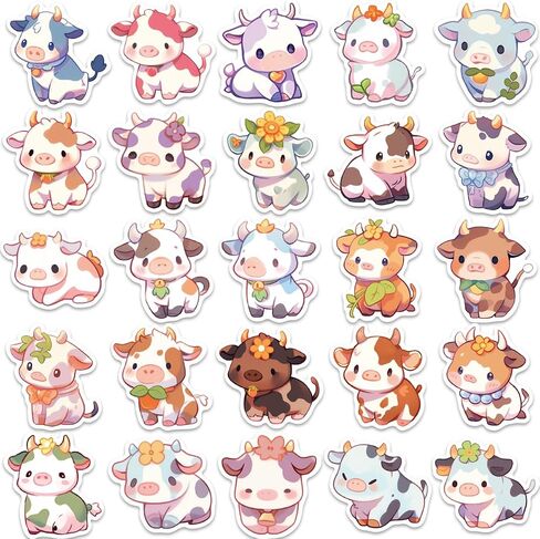 Cute Cow Animal Stickers for Kids Teens, 50Pcs Kawaii Rainbow Cattle Decals in Saudi Arabia