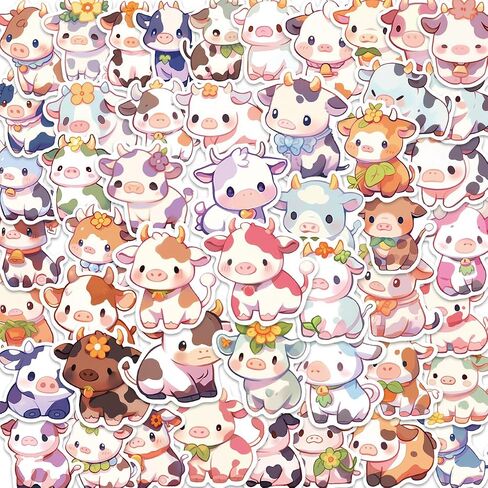 Cute Cow Animal Stickers for Kids Teens, 50Pcs Kawaii Rainbow Cattle Decals in Saudi Arabia