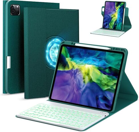 حافظة لوحة المفاتيح Lucset لجهاز iPad Pro 12.9 بوصة الجيل السادس والخامس والرابع الثالث، لوحة مفاتيح لاسلكية قابلة للفصل بإضاءة خلفية 7 ألوان، غطاء نحيف قابل للطي ذكي قابل للدوران 360 درجة مع حامل أقلام، أزرق مخضر in Kuwait
