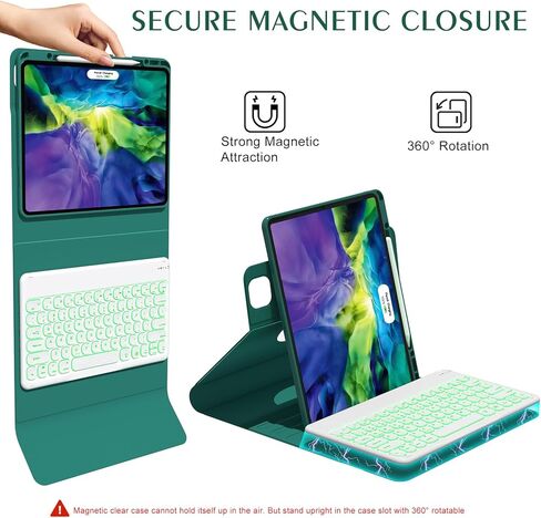 حافظة لوحة المفاتيح Lucset لجهاز iPad Pro 12.9 بوصة الجيل السادس والخامس والرابع الثالث، لوحة مفاتيح لاسلكية قابلة للفصل بإضاءة خلفية 7 ألوان، غطاء نحيف قابل للطي ذكي قابل للدوران 360 درجة مع حامل أقلام، أزرق مخضر in Kuwait