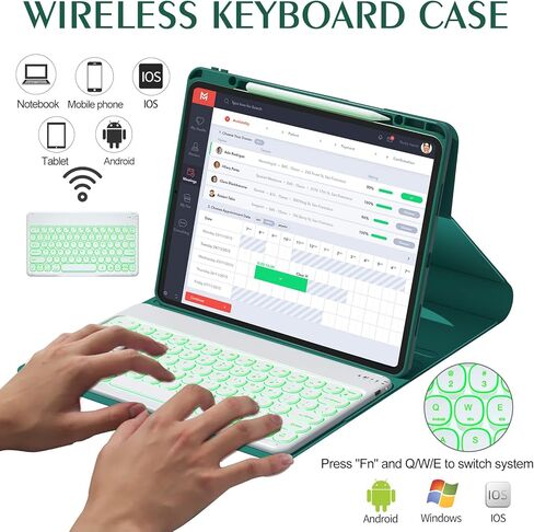حافظة لوحة المفاتيح Lucset لجهاز iPad Pro 12.9 بوصة الجيل السادس والخامس والرابع الثالث، لوحة مفاتيح لاسلكية قابلة للفصل بإضاءة خلفية 7 ألوان، غطاء نحيف قابل للطي ذكي قابل للدوران 360 درجة مع حامل أقلام، أزرق مخضر in Kuwait