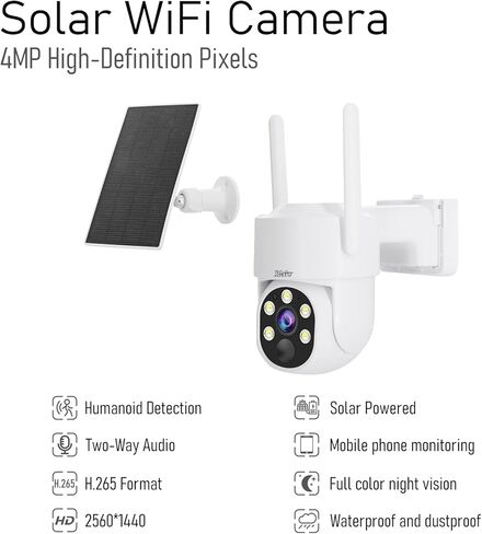 YoLuKe 4MP PTZ بطارية كاميرا أمان تعمل بالطاقة الشمسية، كاميرا خارجية تعمل بالطاقة الشمسية مع إنذارات بصرية صوتية، رؤية ليلية ملونة، بطارية 9000 مللي أمبير، كشف حركة PIR، صوت ثنائي الاتجاه، IP65 مقاوم للماء in Kuwait
