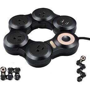 Flexible Power Strip Surge Protector with 2 USB Ports and 4 Outlets for Home, Office and Travel (9Ft Long Cord, Black)