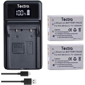 Tectra 2 Pack EN-EL5 Rechargeable Batteries and LED USB Charger for Nikon Coolpix P3, P4, P90, P80, P100, P500, P510, P520, P530, P5000, P6000, S10, 3700, 4200, 5200, 5900, 7900 Digital Cameras in Kuwait
