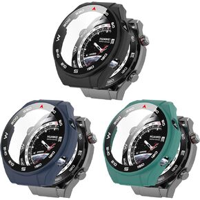 PC+Tempered Glass Screen Protector Case Compatible with Huawei Watch Ultimate Smart Watch Screen Protector for Huawei Watch Ultimate Full Coverage Bumper (Black+Rose Gold+Clear)