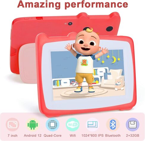 C idea 7 inch Kids Tablet, Android 12 Tablet for Kids with Kid-Proof Case 32GB+32GB Expandable Storage HD Dual Camera WiFi Children’s Tablet for Toddler Boys Girls Playing and Learning (Rose Red) in Kuwait