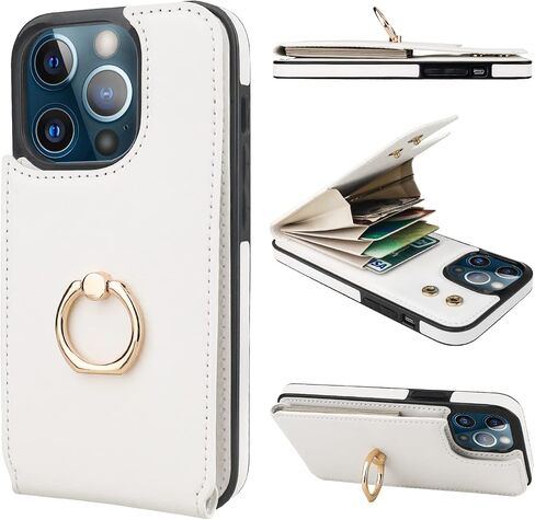 Folosu Compatible with iPhone 13 Pro Case Wallet with Card Holder, 360°Rotation Finger Ring Holder Kickstand Protective RFID Blocking PU Leather Double Buttons Flip Cover 6.1 Inch Rose Gold in Saudi Arabia