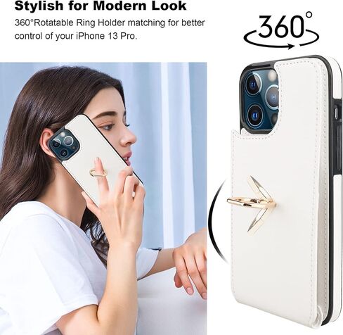 Folosu Compatible with iPhone 13 Pro Case Wallet with Card Holder, 360°Rotation Finger Ring Holder Kickstand Protective RFID Blocking PU Leather Double Buttons Flip Cover 6.1 Inch Rose Gold in Saudi Arabia