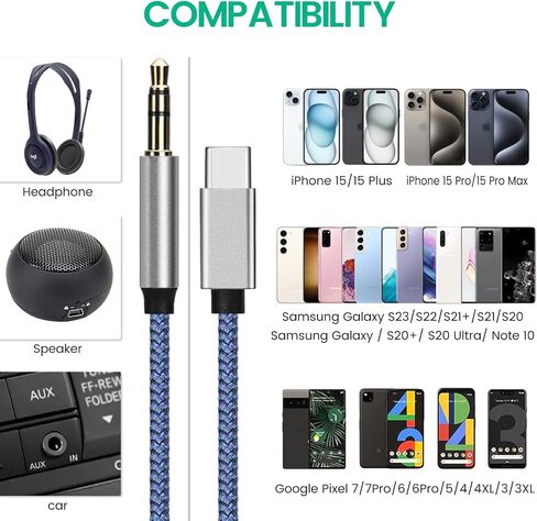 YEAOI 2-Pack Car Aux Cord for iPhone 15/15 Plus/15 Pro/15 Pro Max، USB C إلى 3.5 ملم جاك محول الصوت، 3.3 قدم in Kuwait