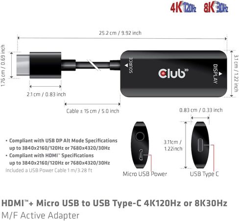 كلوب 3دي CAC-1336 HDMI™+ مايكرو USB الى USB نوع C 4K120Hz او 8K30Hz M/F محول نشط in Saudi Arabia