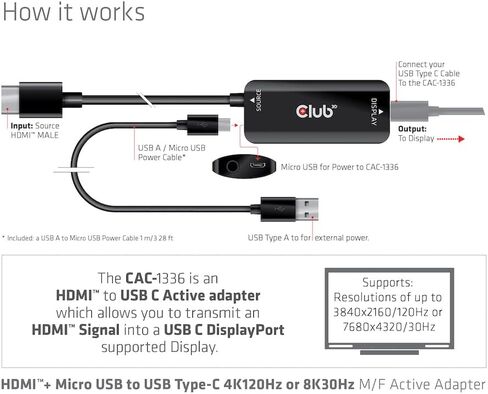 كلوب 3دي CAC-1336 HDMI™+ مايكرو USB الى USB نوع C 4K120Hz او 8K30Hz M/F محول نشط in Saudi Arabia