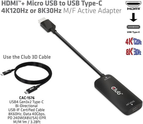 كلوب 3دي CAC-1336 HDMI™+ مايكرو USB الى USB نوع C 4K120Hz او 8K30Hz M/F محول نشط in Saudi Arabia