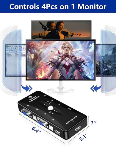 محول يو اس بي KVM، 4 منافذ يو اس بي و في جي ايه محول KVM لتحكم الحواسيب المتعددة، محول KVM 4 في 1 للشاشة، ماوس لوحة المفاتيح اللاسلكية/السلكية in Kuwait