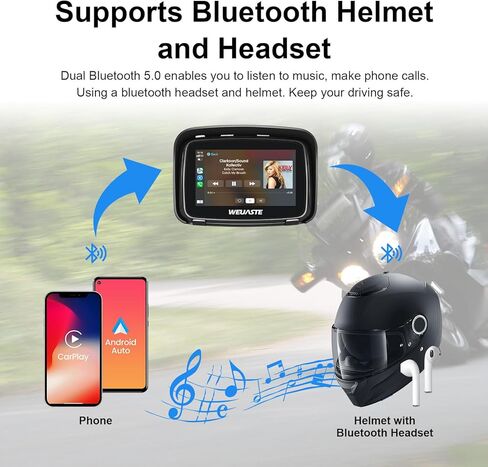 شاشة تشغيل سيارة Apple المحمولة من WEUASTE للدراجات النارية، Apple CarPlay اللاسلكي وAndroid Auto للدراجات النارية، ملاحة GPS Carplay للدراجات النارية، شاشة لمس مقاومة للماء 5 بوصات، بلوتوث مزدوج، دعم Siri in Kuwait