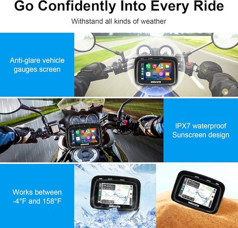 شاشة تشغيل سيارة Apple المحمولة من WEUASTE للدراجات النارية، Apple CarPlay اللاسلكي وAndroid Auto للدراجات النارية، ملاحة GPS Carplay للدراجات النارية، شاشة لمس مقاومة للماء 5 بوصات، بلوتوث مزدوج، دعم Siri in Kuwait