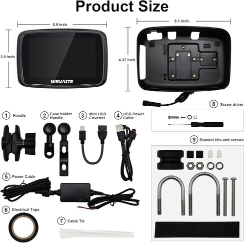 شاشة تشغيل سيارة Apple المحمولة من WEUASTE للدراجات النارية، Apple CarPlay اللاسلكي وAndroid Auto للدراجات النارية، ملاحة GPS Carplay للدراجات النارية، شاشة لمس مقاومة للماء 5 بوصات، بلوتوث مزدوج، دعم Siri in Kuwait