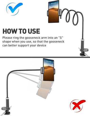 حامل الكمبيوتر اللوحي Tryone Gooseneck للسرير، ذراع مرن قابل للتعديل، مشبك تثبيت على الطاولة متوافق مع iPad Air Mini | تابات جالاكسي | أوقد النار | سويتش أو أجهزة أخرى مقاس 4.7-10.5 بوصة in Kuwait