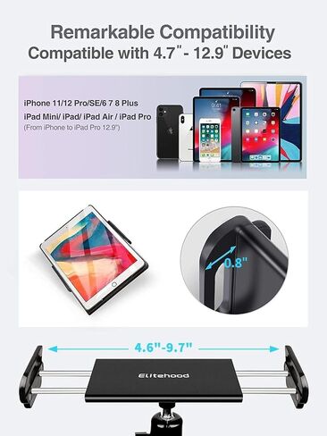 elitehood Metal iPad Mic Stand Holder, 360° Swivel Tilt Microphone Stand Phone Holder Mount, Aluminum Tablet Clamp Adapter for All Phone, iPad Pro 12.9/11, iPad, iPad Mini Air and More 4-12.9" Tablet in Kuwait
