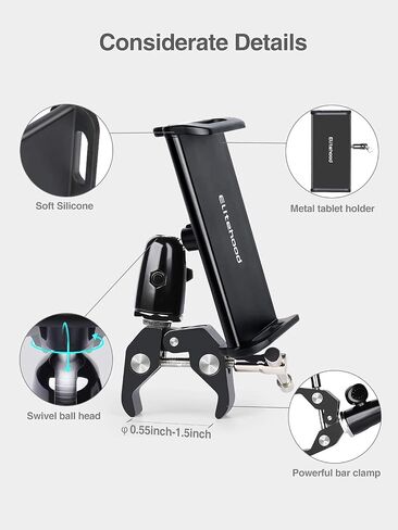 elitehood Metal iPad Mic Stand Holder, 360° Swivel Tilt Microphone Stand Phone Holder Mount, Aluminum Tablet Clamp Adapter for All Phone, iPad Pro 12.9/11, iPad, iPad Mini Air and More 4-12.9" Tablet in Kuwait
