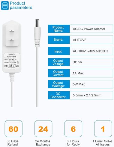 ALITOVE 5 فولت مصدر طاقة 5 فولت 1 أمبير محول تيار متردد أبيض 100-240 فولت تيار متردد إلى تيار مستمر 5 فولت سلك طاقة 5 فولت 1 أمبير محول طاقة مع طرف 5.5 × 2.5 مم 2.1 مم لمكبرات الصوت LED وأجهزة توجيه شاشة الإنترنت، أبيض in Kuwait