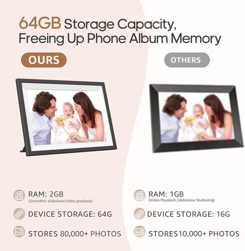 إطار صور رقمي واي فاي مقاس 10.1 بوصة من FRAMEO، إطار صور سحابي ذكي بشاشة لمس IPS مع مساحة تخزين كبيرة 64 جيجابايت و2 جيجابايت من ذاكرة الوصول العشوائي لتشغيل الوسائط بشكل أكثر سلاسة، إعداد سهل لمشاركة الصور/مقاطع الفيديو عبر تطبيق Frameo in Kuwait