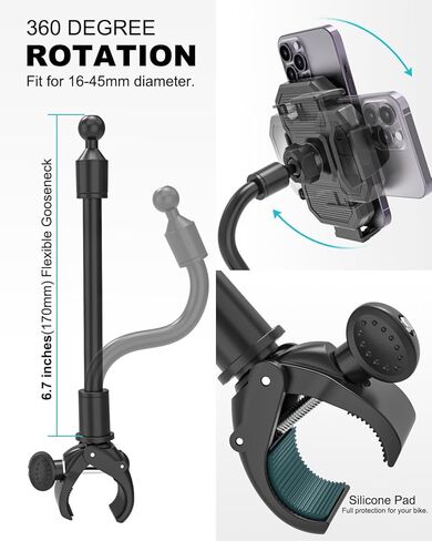 حامل هاتف دراجة نارية بذراع طويل من Aozcu، [حبل آمن مطور] حامل هاتف محمول للدراجة لسكوتر ATV، حامل هاتف بمقود يدور 360 درجة لدراجة التجوال الجبلية، مناسب لهاتف iPhone وAndroid مقاس 4-7 بوصات in Kuwait