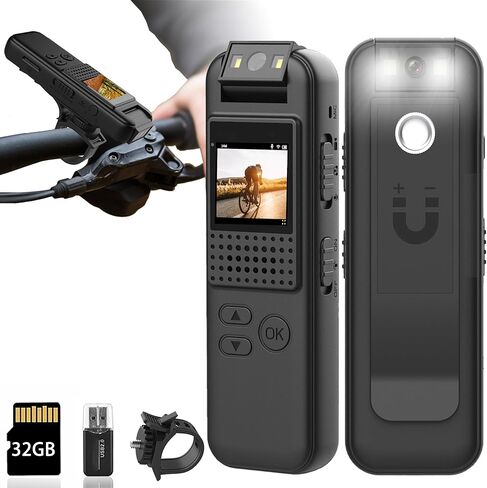 كاميرا الجسم مع تسجيل 1080 بكسل وشاشة 0.9 بوصة وعدسة دوارة 180 درجة مدمجة مغناطيسية / بطاقة 32 جيجابايت مع رؤية ليلية، عمر بطارية 3 ساعات كاميرا شرطة يمكن ارتداؤها للمنزل/الخارج/إنفاذ القانون/حارس الأمن in Kuwait