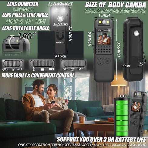 كاميرا الجسم مع تسجيل 1080 بكسل وشاشة 0.9 بوصة وعدسة دوارة 180 درجة مدمجة مغناطيسية / بطاقة 32 جيجابايت مع رؤية ليلية، عمر بطارية 3 ساعات كاميرا شرطة يمكن ارتداؤها للمنزل/الخارج/إنفاذ القانون/حارس الأمن in Kuwait