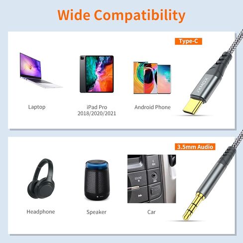 جيه اكس موكس كيبل USB C الى مقبس صوت AUX 3.5 ملم (4 اقدام)، سلك ستيريو للسيارة من النوع C الى 3.5 ملم متوافق مع ايفون 15 برو ماكس 15 بلس، سامسونج جالاكسي S23 S22 S21 S20 نوت 20، بكسل 4 5 XL، ايباد برو in Kuwait