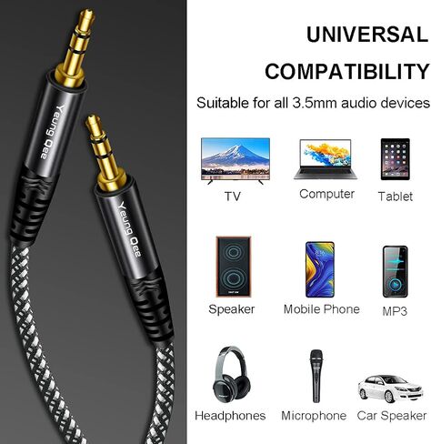 Yeung Qee كابل Aux 3.5 ملم بطول 20 قدمًا، كابل صوت مضفر 3.5 ملم ذكر إلى ذكر سلك صوت ستيريو هاي فاي مساعد لسماعات الرأس والسيارة والهاتف والأجهزة اللوحية وسماعات الرأس والكمبيوتر الشخصي والكمبيوتر المحمول والمزيد (20 قدمًا/6 أمتار) in Kuwait