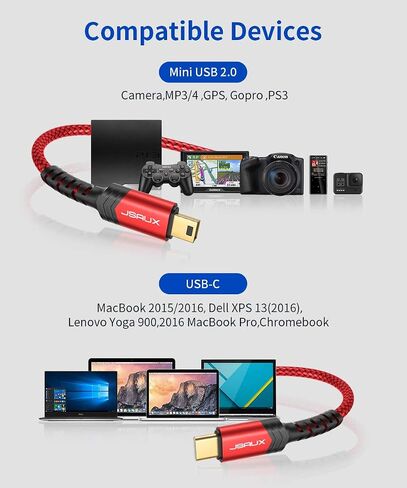 JSAUX Mini USB to USB C Cable, Durable Mini B Charging Cord, 6.6FT, Red in Kuwait