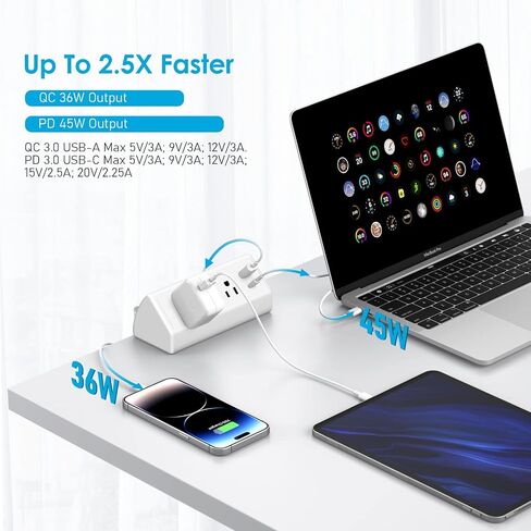 قطاع طاقة مكتب CCCEI مع منفذ شحن سريع USB C بقدرة 18 وات، ومنفذ سطح المكتب بمشبك حماية من زيادة التيار 800J أسود، ومقبس تثبيت على حافة الطاولة بطول 6 أقدام وتناسب حافة سطح الطاولة بسمك 1.6 بوصة. in Kuwait