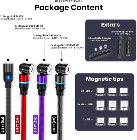 Magnilink 360 MAXX Magnetic Charging Cable (4-Pack) - 18W Fast Charge USB 3 in 1, Type C & Micro Magnet Connector, Data Transfer Ready - Works with All Devices in Kuwait
