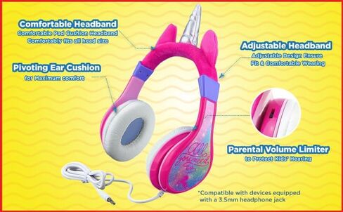Unicorn Kids Headphones, Adjustable Headband, Stereo Sound, 3.5Mm Jack, Wired Headphones for Kids, Tangle-Free, Volume Control, Foldable, Childrens Headphones Over Ear for School Home, Travel Hassle in Saudi Arabia
