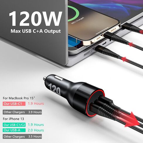 شاحن سيارة ماك بوك USB C بقوة 120 وات، 3 منافذ PD 100 وات و30 وات PPS 45 وات QC3.0 18 وات محول شاحن فائق السرعة لأجهزة ماك بوك برو إير M1 والكمبيوتر المحمول آيباد برو وآيفون 15 14 13 12 برو ماكس سامسونج S22 S21Ultra Note20 in Kuwait
